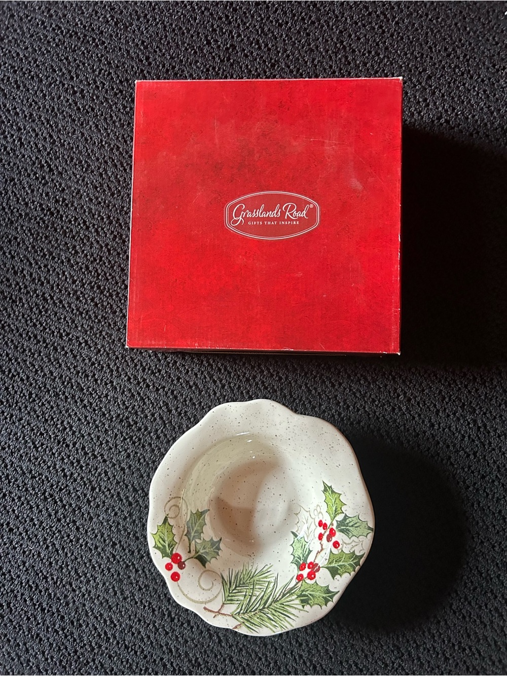 Grasslands Road White Holiday Ceramic Dish with Holly Design